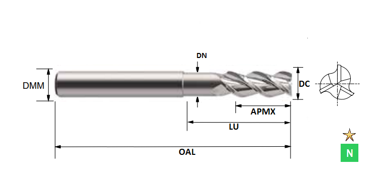 16.0mm 3 Flute (50mm Effective Length) Necked Long Series ALU-XP Carbide Slot Drill